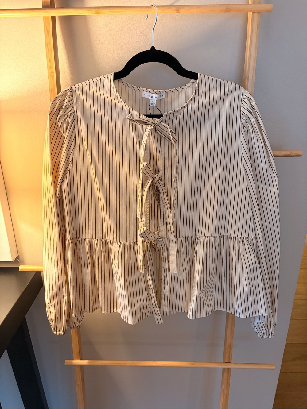 NWT Cream Stripe Tie-Front Peplum Blouse